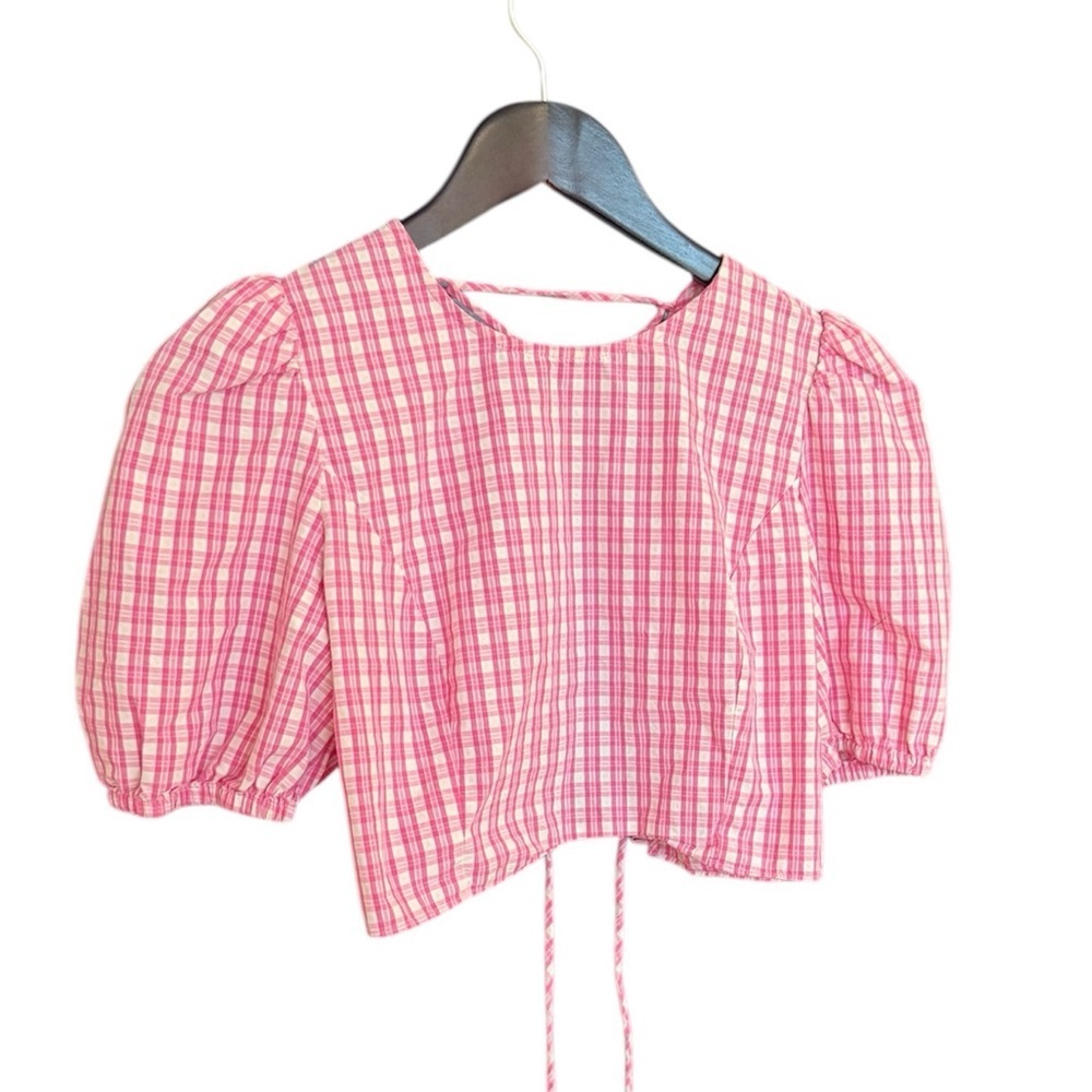 Sunday S EUC gingham Pink Plaid Puff Sleeve Top with lace up back (Aritzia)